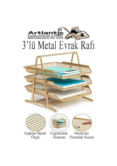 Renkli Metal Evrak Rafı 3 Lü 1 Paket Masa Üstü A4 Dosya Düzenleyici Kağıt Tepsisi Metal Fileli Üç Katlı Hareketli Perfore Sarı