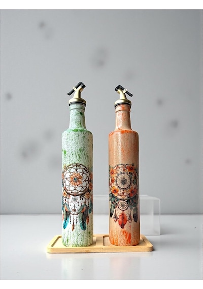 500 Ml El Boyaması Cam Yağdanlık Seti Dreamcatcher Rüya Kovucu Desenli Ahşap Standlı Turu Turuncu