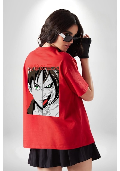 Anime Titan Saldırısı Kırmızı Oversize Unisex Ön Ve Sırt Baskılı Tişört Kırmızı
