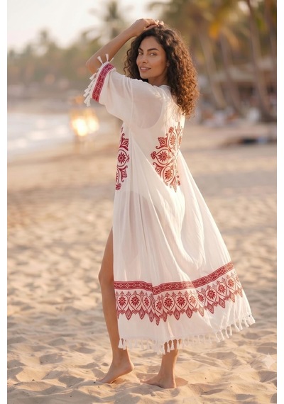 Rovebella Rosso Mandala Desenli Uzun Kimono Beyaz