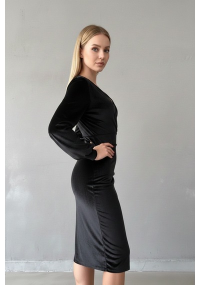 Defymoda Kadın Asimetrik Kesim Kruvaze Elbise Siyah
