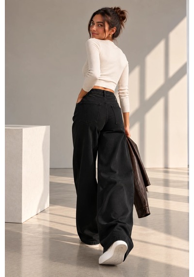 Bb Butik Basic Yüksek Bel Baggy Palazzo Pantolon Dm3535 siyah