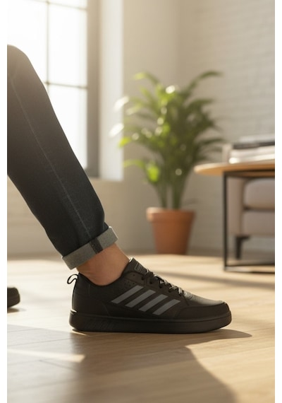 Enoch Erkek Dörtlü Şerit Detaylı Düz Tabanlı Günlük Spor Ayakkabı Sneaker Siyah - Füme