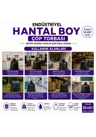 Liva Ambalaj Hantal Boy Çöp Torbası 100x150 Cm 750 Gr Endüstriyel Büyük Boy Çöp Poşeti 3 Rulo 30 Adet