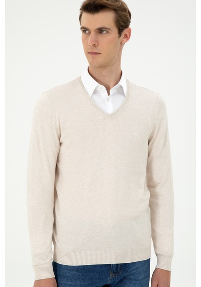 U.S. Polo Assn. Erkek Slim Fit V Yaka Krem Melanj Basic Kazak 50294764-VR159