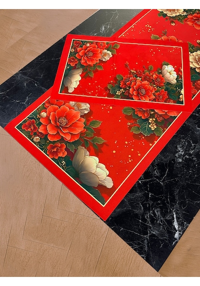 Aşk Gülü 3d Kırmızı Gül Desenli Masa Runner & 4 Lü Supla Takımı Renkli