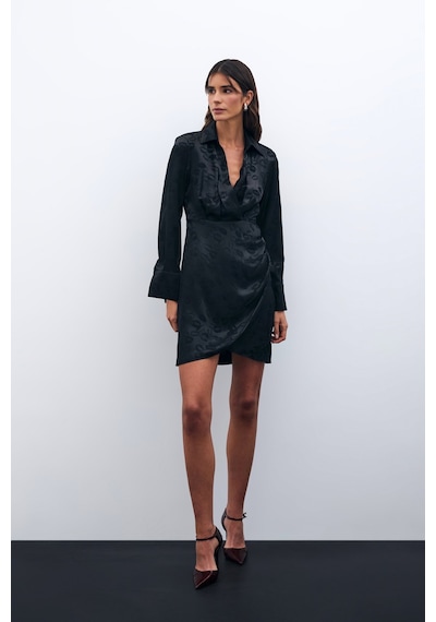 Sateen Desenli Kruvaze Elbise - Siyah-135582 Siyah