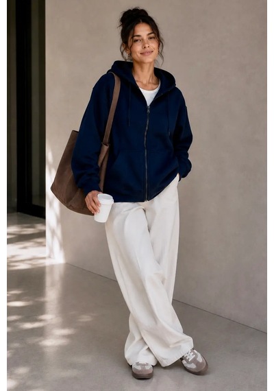 Bb Butik Basic Oversize Kalın Üç Iplik Fermuarlı Kapüşonlu Sweatshirt Koyu Lacivert