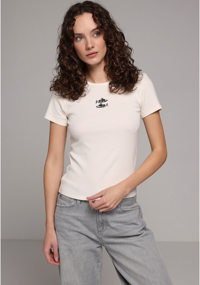 Colin's Colins Slim Fit Yuvarlak Yaka Nakışlı Kadın Ekru Kısa Kol Tişört Cl1079664 Q1.v1 Ecr
