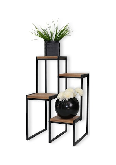 Metal Saksılık 4 Ahşap Raflı Dekoratif Saksı Standı Garden Çam
