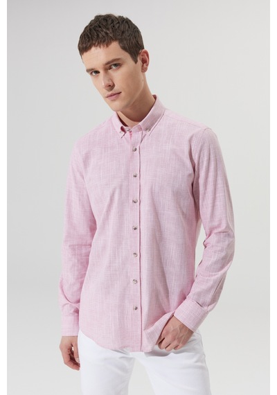 Ac&Co / Altınyıldız Classics Erkek Bordo Slim Fit Dar Kesim Düğmeli Yaka Keten Görünümlü %100 Pamuk Flamlı Gömlek Bordo