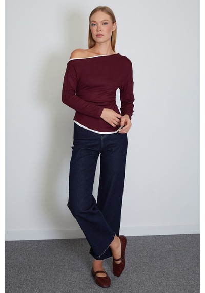 Fullamoda Garnili Kayık Yaka Drapeli Asimetrik Kesim Modal Bluz Bordo