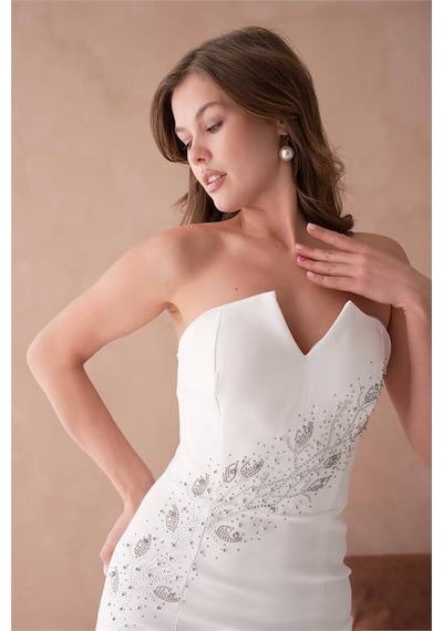 Dip Moda Dipmoda Kadın Taş Detaylı Straplez Mini Abiye Elbise Dpnbs9369 Beyaz