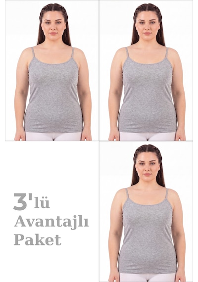 Arma Yıldız Kadın Büyük Beden İp Askılı Atlet Pamuklu Likralı Yumuşak Esnek Kumaş 3'lü Paket Gri-3