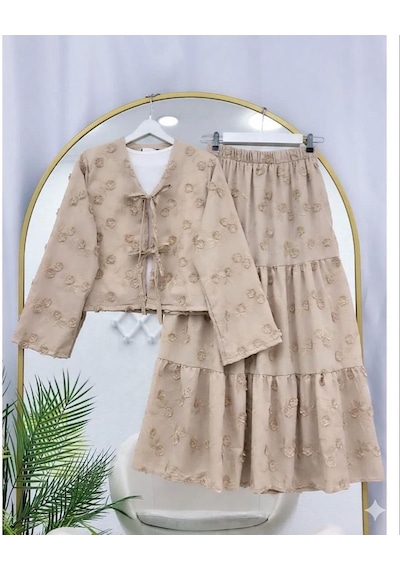 Lovie Moda Kadın Çiçek Nakışlı Kimono Etekli Takım - Bej