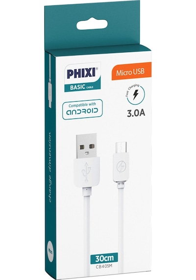 Phixi CB405M Basic 30 CM Micro USB Şarj ve Data Kablosu Beyaz