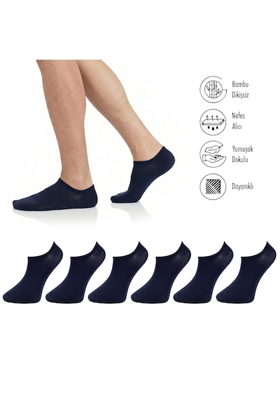 Lion Monroe Saf Bambu Erkek Sneaker Lacivert Çorap Dikişsiz Görünmez Bilekte Spor Çorap Premium 6'lı L5952aznb Softaura