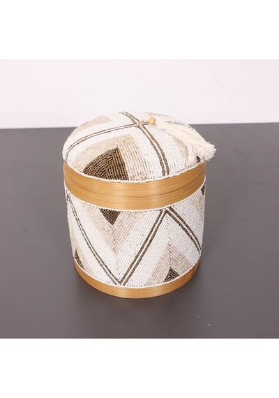 Bali Boncuklu Bambu Saklama Kutusu L 20x23 Cm Beyaz