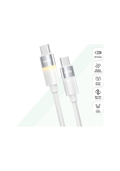 Type C Hızlı Şarj Kablosu Type-c To Type-c, 60w, 480 Mbps, 1.2m, Pd, Led Işıklı Beyaz