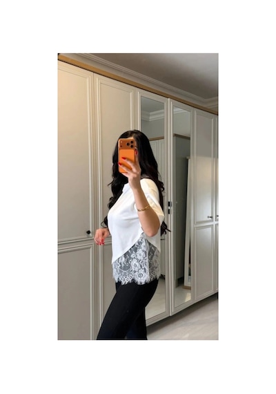 Butik İstanbul Kısa Kollu Bısıklet Yakalı Dantel Detaylı Vıskon Ikı Iplık Bluz Beyaz