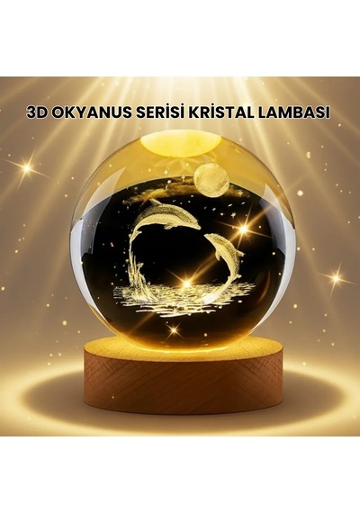 Lazer İşlemeli Yunus Kristal Küre Sıcak Işıklı Ahşap Standlı 24831362