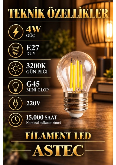 Astec E27 Mini 4 Watt Glop Gün Işığı Ampul Dekoratif Gün Işığı 3200k Filament Led
