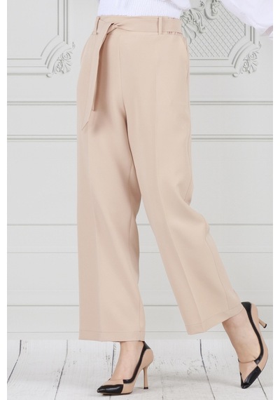Sevitli Beli Bağlamalı Bol Paça Pantolon-bej-3667-bej Bej