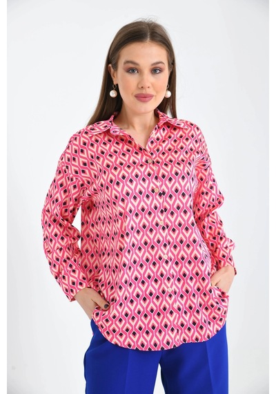 Fuşya Desenli Oversize Uzun Kol Basic Saten Gömlek 001