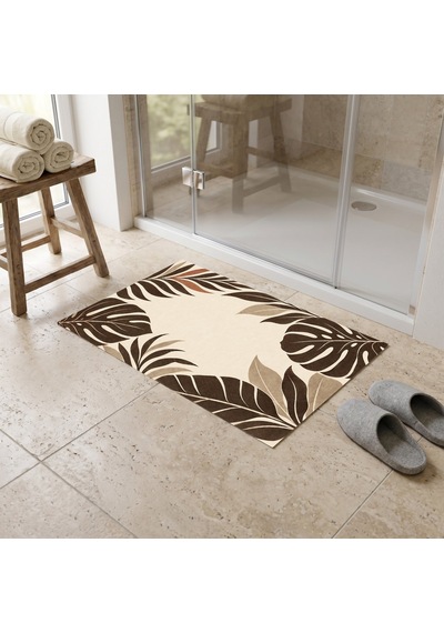 Kartela Halı Botanik Yaprak Desenli Banyo Paspası Bej Kaymaz Taban Makinede Yıkanabilir 60x90 Cm