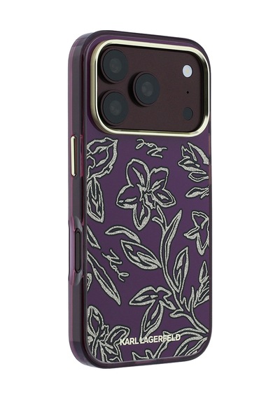 Apple iPhone Uyumlu 18 Pro Max Kılıf Karl Lagerfeld Lisanslı M-safe Gold Kamera Çerçeve Çiçek Tasarım Kapak Bordo