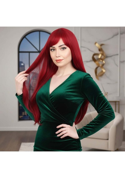 Fiber Sen Uzun Düz Kahküllü Peruk / Kızıl Çok Renkli