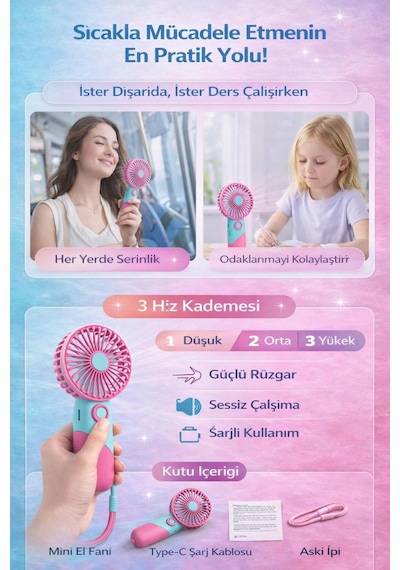 Taşınabilir Mini El Fanı Şarjlı 3 Kademeli Usb Fan Sessiz Güçlü Rüzgar Vantilatör