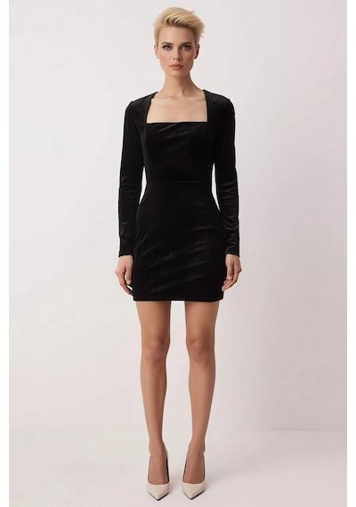 Benerly Kadın Kare Yaka Uzun Kol Bodycon Kalıp Örme Kadife Mini Elbise Fo Siyah