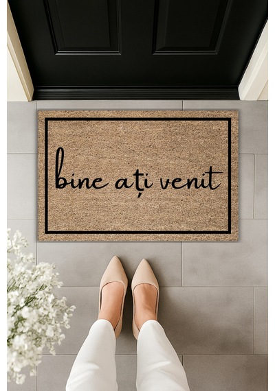 Rugmood Modern Dijital Baskı Çerçeveli Bine Ați Venit Yazılı Kapı Önü Paspası Kahverengi