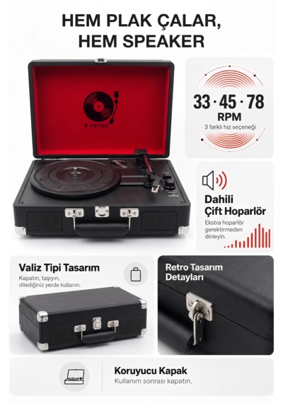 Kensa Bluetooth Lu Nostaljik Çantalı Pikap 33/45/78 Devir Dahili Bataryalı Plak Çalar Siyah