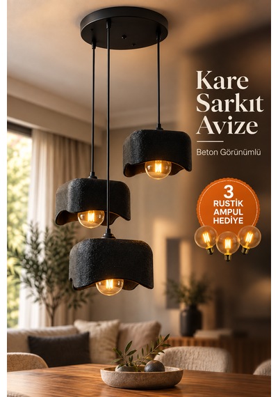 Beton Görünümlü 3'lü Kare Sarkıt Avize Modern Bohem Salon Yemek Masası G95 Rustik Led Ampul Hediyeli Siyah