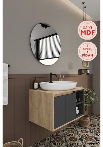 Gül 70 Cm %100 Mdf Lavabolu Banyo Dolabı Ayna Alt Dolap Lavabo Antrasit