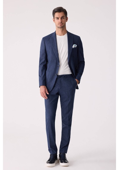Erkek Mavi Slim Fit Çizgili Torba Cep Jogger Pantolonlu Sivri Yak