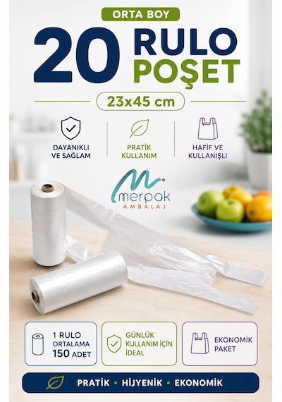 Rulo Poşet Orta Boy 20 Rulo Market Manav Poşeti Hışır Atlet Poşet Çöp Poşeti