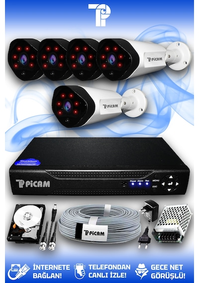 Picam 5 Kameralı Uzay 5 Dış Kamera Set 500 GB HDD Full HD Gece Görüşlü Güvenlik Kamerası Sistemi