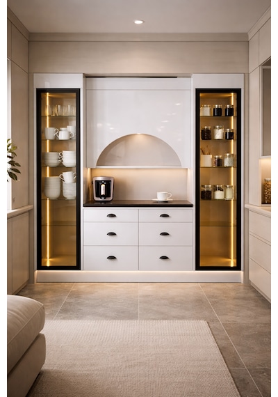 Lüks High Gloss Mutfak Dolabı & Kahve Köşesi - %100 Mdf Gövde, Led Aydınlatmalı, 6 Çekmeceli 190x230 Parlak Deluxe Gri Lüks High Gloss Mutfak Dolabı & Kahve Köşesi - %100 Mdf Gövde, Led Aydınlatmalı, 6 Çekmeceli 190x230 Parlak Deluxe Gri