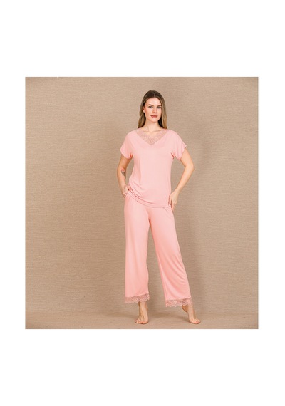 L'ombre Viskon Şık Tasarım Dantel İşlemeli Açık Pembe Kısa Kol Pijama Takımı