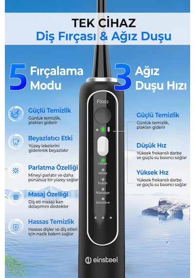 Einsteel Şarj Edilebilir Elektrikli Diş Fırçası , Su Püskürtmeli Ağız Duşu Ve Diş Temizleme Seti Siyah Şarjlı