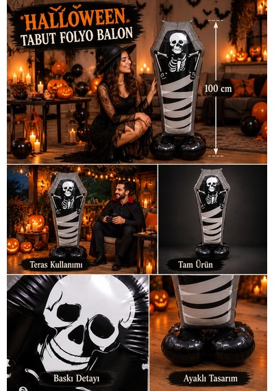 Halloween Cadılar Bayramı Ayaklı Tabut İskelet Folyo Balon 99x57 Cm Siyah Oda Dekoru Parti Süsü Çok Renkli