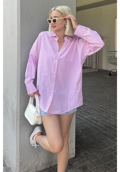 Madmext Pembe Çizgili Over Fit Gömlek Mg1525 Pembe