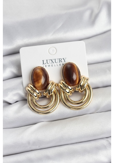 Pirinç Gold Renk Kahverengi Taşlı Vintage Kadın Küpe Açık Gold