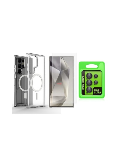 Vendas Galaxy Uyumlu S25 Ultra Kılıf M-safe Şarj Özellikli Şeffaf Sert Pc Zore Embos Kapak + Kamera Lens + Nano Ekran Koruyucu Şeffaf