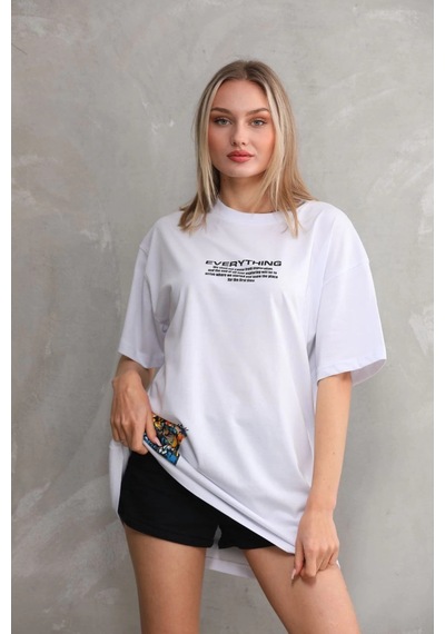 Primemagazam Kadın Bisiklet Yaka Baskılı Oversize T-shirt - Beyaz Çeşitli