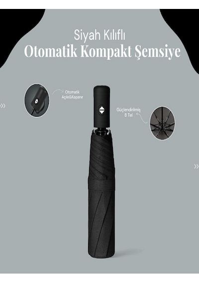 Siyah Kılıflı Otomatik Kompakt Şemsiyee Siyah