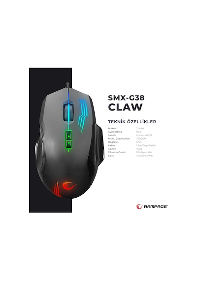 Rampage SMX-G38 Claw Usb RGB Ledli Gaming Oyuncu Mouse